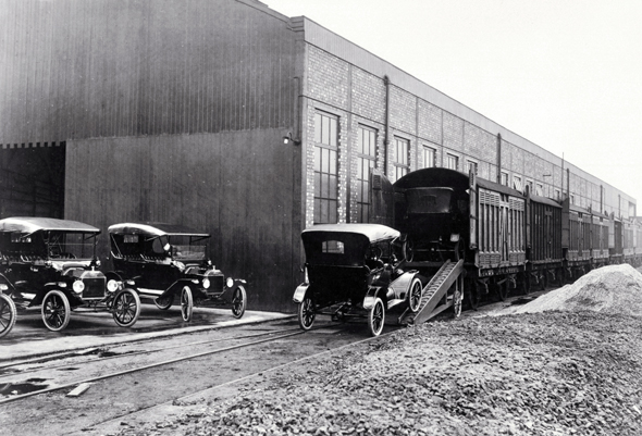 Model T's Being Loaded on Railcars in 1910